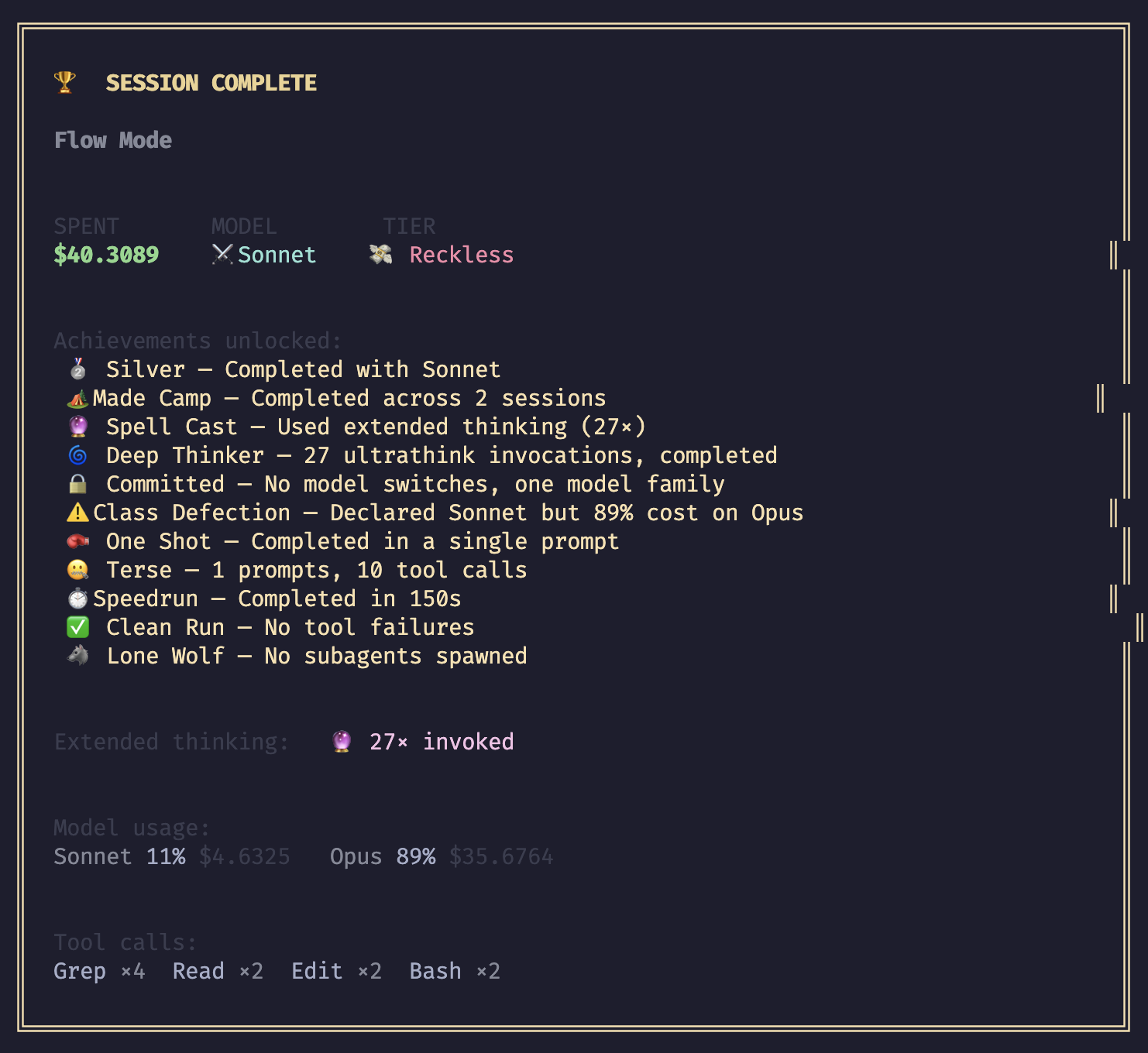 TokenGolf scorecard: SESSION COMPLETE with achievements, extended thinking invocations, model usage breakdown, and tool call summary